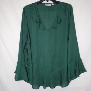 Belle Kim Gravel Blouse Large Green V Neck Ruffle Bell Sleeve